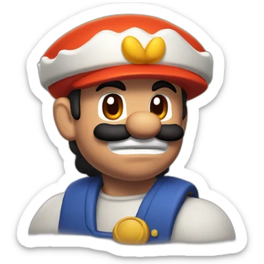Mario with snow white skin, his hat is burnt red with a red-orange brim sticker