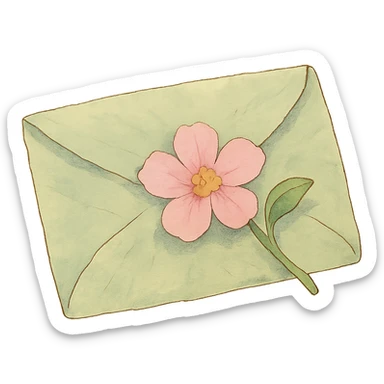 leaf envelope sealed with a flower, pastel greens and pinks, soft pastel Ghibli style sticker