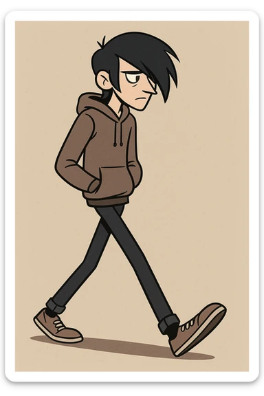 tall thin man with side-swept black emo hair walking with hands in pockets, casual clothes, stylized, flat toon style, moody vibe sticker