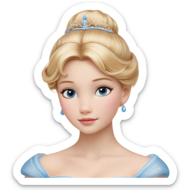 Cinematic Realistic Cinderella Portrait, depicted with lifelike skin texture, subtle rosy undertones, and soft natural lighting that enhances the gentle contours of her face. Her intricately detailed golden blonde hair is elegantly styled in an updo, with delicate wisps framing her face for added realism. Her deep, expressive blue eyes radiate warmth and sincerity, reflecting a quiet resilience and grace. She is dressed in her iconic ball gown, the fabric shimmering with intricate embroidery and fine translucent layers that catch the light beautifully. The soft sheen of satin gloves and the delicate sparkle of a glass-like slipper peeking from beneath her dress add a touch of magical realism. The portrait features an enchanting glow with a natural, luminous finish, seamlessly blending realism and fairytale charm to evoke a sense of depth, elegance, and timeless beauty. sticker