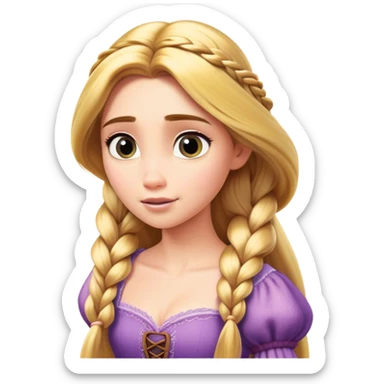 Cinematic Realistic Rapunzel Portrait, with porcelain-like skin featuring a subtle, natural glow, illuminated by soft lighting that brings out the gentle contours of her face. Her long, golden blonde hair cascades in detailed waves, each strand highlighted with a radiant shimmer as it catches the light. Her bright, expressive green eyes exude curiosity and warmth, framed by delicate lashes and soft, arched brows. Her expression is playful and vibrant, with a gentle smile. She is dressed in her classic lavender and pink gown, the fabric textured with delicate folds that flow naturally, catching the light with a soft, radiant glow. The portrait captures a luminous, enchanting aura, seamlessly blending realism with a whimsical, fairytale charm, evoking a timeless sense of beauty and magic. sticker