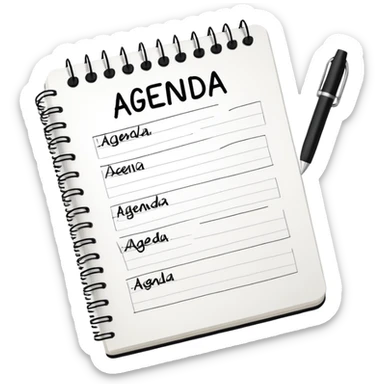 A notebook with 'AGENDA' written on top and meeting items listed below with bullet points sticker