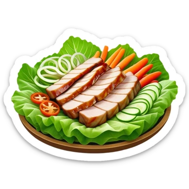 Samgyeopsal Cinematic Realistic Samgyeopsal Dish Emoji, depicted as slices of grilled pork belly served in crisp lettuce leaves with assorted fresh vegetables, rendered with dynamic textures and appetizing, natural lighting. sticker