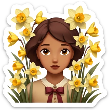 Soft yellow daffodils intertwine with faded burgundy ribbons, as brown butterflies rest on their petals. A warm, golden haze enhances the nostalgic charm. sticker