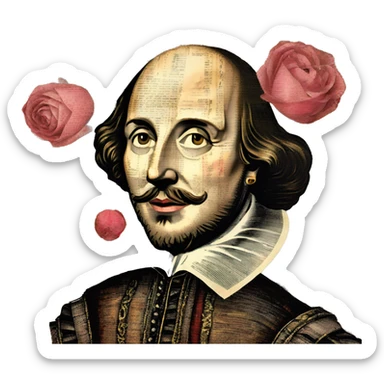Shakespeare made of newspaper cuttings handwriting 420 hemp roses flowers plants leaves dragonfly mulberries Italy sticker