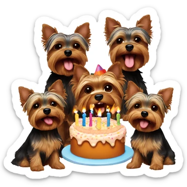 Five yorkies singing happy birthday with cake sticker