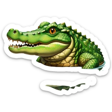 A large crocodile resting on a riverbank, part of its body in water, realistic scales and reflections, natural sunlight. sticker
