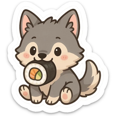 cute chibi wolf holding a sushi roll in its mouth sticker