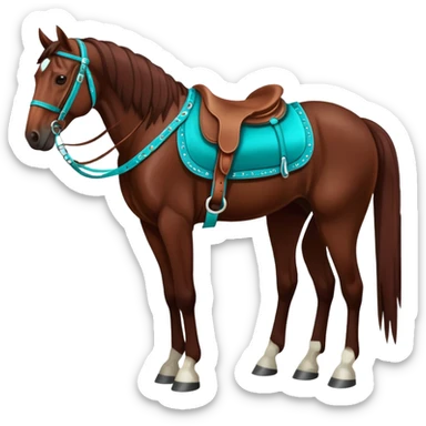 Dark chestnut horse with turquoise western tack full body standing still sticker