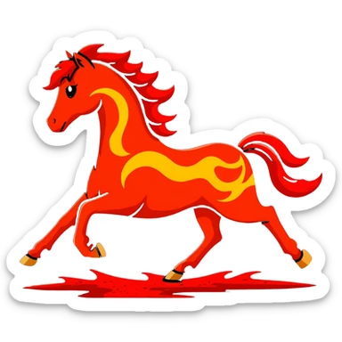 A red galloping horse composed entirely of fiery embers, magma flowing through its body, visible lava veins, flames burning along its mane and tail, with ash particles floating around it sticker