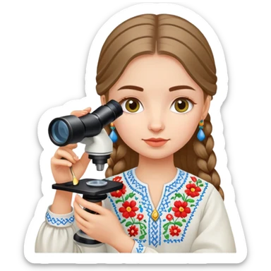 Ukrainian girl in traditional embroidered vyshyvanka shirt holding a microscope sticker