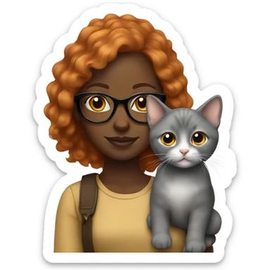 Black girl holding a grey kitten. The girl has ginger hair and wears glasses sticker