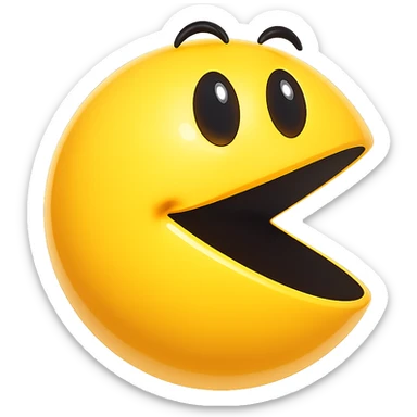 Redraw the Pac-Man character in the emoji style with smooth shading, glossy highlights, and a 3D look. Keep the playful open mouth and yellow color. Transparent background. sticker