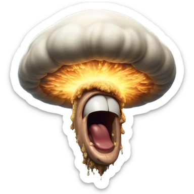 Laughing nuclear mushroom cloud in Uncle Scrooge style, oil paint, mysterious eyes, intricate lips, masterpiece pose, odd perspective, beautiful, desirable, logical sticker