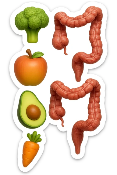 emoji stile iphone in 3d di cibo sano che fluttua in aria vericalmente insieme a pezzi di colon umano anatomico, iperrealistico 4k sticker