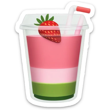 clear cup of strawberry matcha with a green top half layer and pink bottom half layer. A transparent straw sticks out sticker