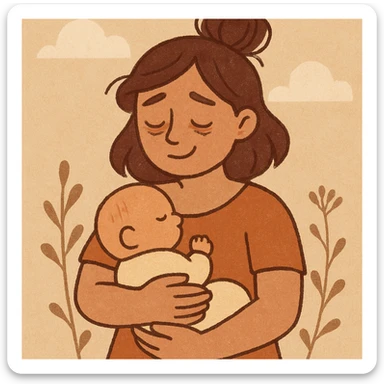 young postpartum mother holding a baby in her arms, dark circles under eyes, tender smile, warm cartoon style sticker