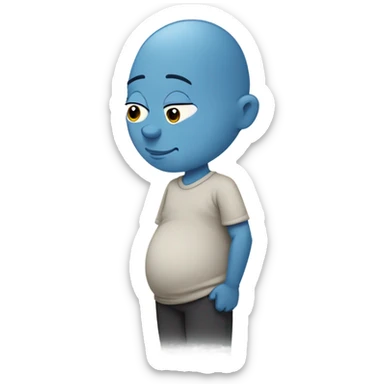a blue skinned man with a stoic expression , pregnant, rubbing his belly. Bald. Side profile like the pregnant male emojji, cartoonishly simple face. sticker