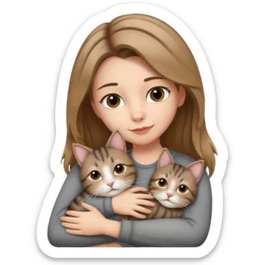 Une femme avec les cheveux dégradée, brun et blond, qui fait un câlin à son chat gris, tigré avec les extrémités que pattes pointe d’oreilles noires et le dessous du menton blanc sticker