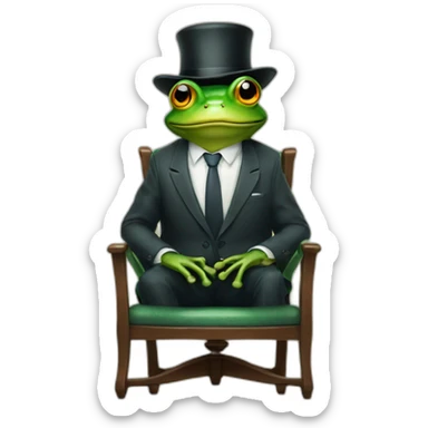 a frog wearing a suit and hat sitting on a chair looking straight sticker
