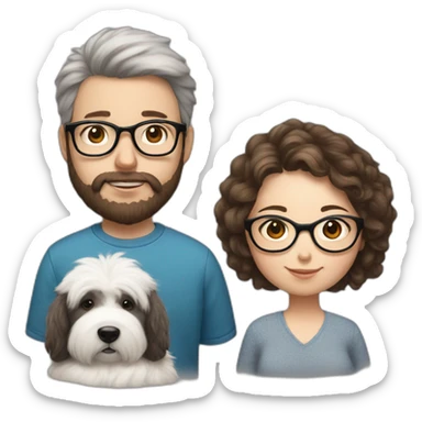 Hyperrealist pregnant girl with half long brown hair with glasses, a boy with long beard, glasses and short hair and english sheepdog sticker