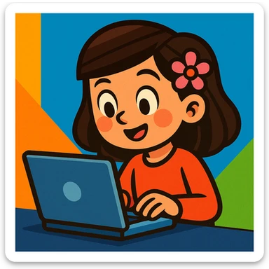 a girl with brunette hair and a pink flower clip in her hair working on a laptop, vibrant cartoon style sticker