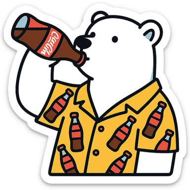 polar bear wearing a Hawaiian shirt with Coke bottles printed on it, drinking a bottle of Coca-Cola sticker
