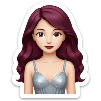 young glamorous woman 
Long waist-long hair
middle part
slightly wavy
dark burgundy hair 
 sticker