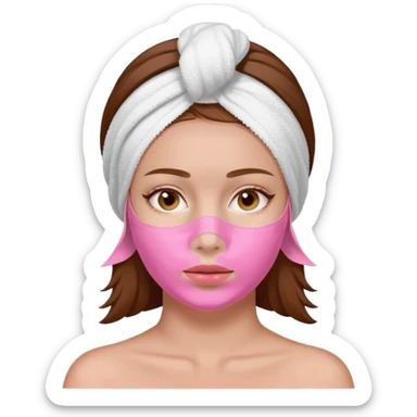 A woman with brown hair, a white towel wrapped around her head. Her face is covered with a pink skincare mask applied to the T-zone and cheeks sticker