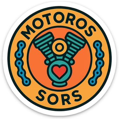 circular motorcycle cap design with the Hungarian phrase 'Motoros Sors', featuring motorcycle motifs like motor, chain, heart, fateful style sticker
