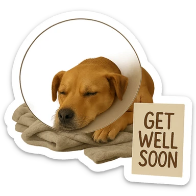 Add a 'get well soon' sign next to the dog. Keep the background transparent. sticker