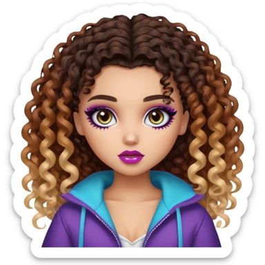 curly split dye light and dark hair, pretty eyes, pretty makeup, pretty bratz baddie sticker