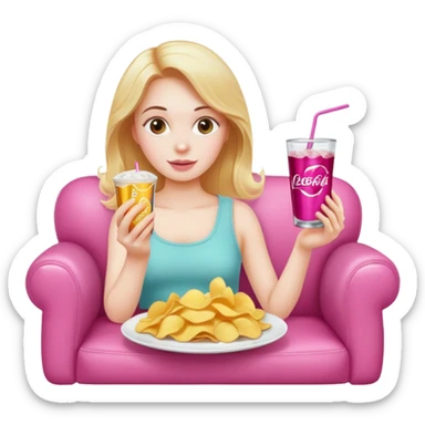 home white girl with plate of chips and soda drink, sitting at the pink sofa sticker