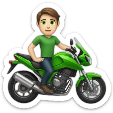 white skin men with brunette hair and green eyes in a green motorbike sticker