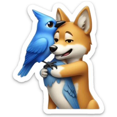 Anthropomorphic dingo giving an anthropomorphic blue bird a hug sticker