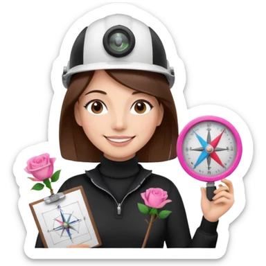 Arquitecta ojos marrones oscuros pestañas pelo marron por los hombros sonrie casco blanco jersey de cuello alto negro compás de dibujo técnico y rosa sticker