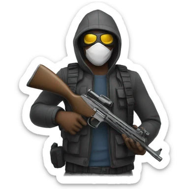 A man holding a gun with a mask on sticker