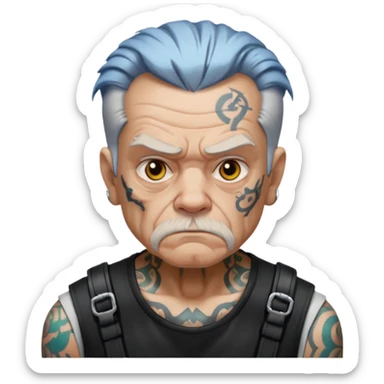 Cyberpunk old man, tattooed, digital hair, grumpy expression sticker