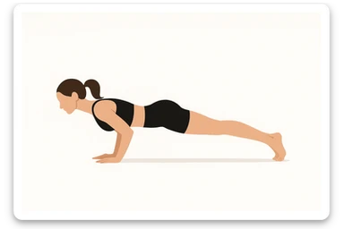 Minimalist flat vector illustration of a woman doing yoga (Four Limbed Staff ), wearing sportswear (black top and black shorts), brown hair pulled back into a ponytail, clean white background, no face details, elegant style sticker