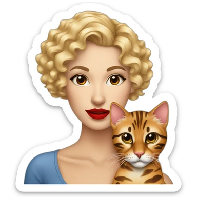 pretty-curly-blonde-woman-red-lips-with-cat-bengal sticker