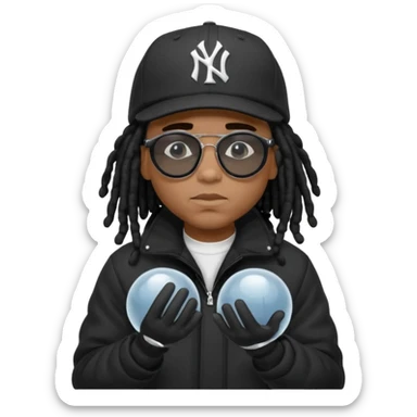 African American man with shoulder length black dreadlocks wearing black sunglasses with black bubble winter coat wearing a New York Yankees baseball hat with hands thinking on face sticker