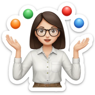 a brunette girl in a shirt and glasses  juggling  with two hands  sticker