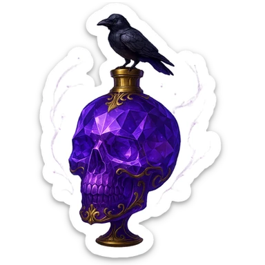 very luxurious, crystal, skull-shaped elixir bottle, violet, lots of glowing, facets, ornaments, golden details, magical effects, very small golden neck, transparent background, beautiful connected base, clearly floating in the air, no base or shadow, small crow on top, premium class, matching the collection sticker