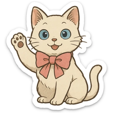 white cat with blue eyes very cute with a pink bow on his neck waving hello, ghibli style sticker