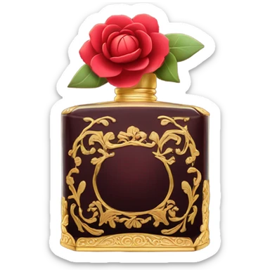 Dark red ornate perfume bottle with red camellias and golden accents sticker