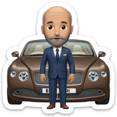 Slightly Balding with frencb beard graying indian guy in suit with a bentley names professor bw tlt sticker
