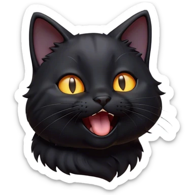 Cinematic Cute Black Cat Portrait Emoji, Head tilted playfully and yawning, sleek black fur with subtle hints of dark gray, Simplified yet adorable features, highly detailed, glowing with a warm, friendly glow, high shine, curious and affectionate, stylized with a touch of whimsy, bright and alert, soft glowing outline, capturing the essence of a mischievous yet loving kitten, so endearing it feels like it could leap out of the screen and stretch! sticker