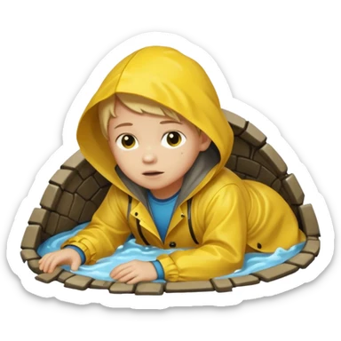 Enfant a caouet jaune coucher devant un égout et il pleut sticker
