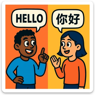 two cartoon people talking, one with English text, one with Chinese text in their speech bubbles sticker