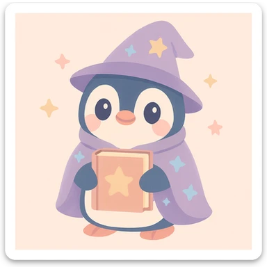 penguin wizard, holding an ancient book, starry cloak, mystical atmosphere, cute whimsical style sticker